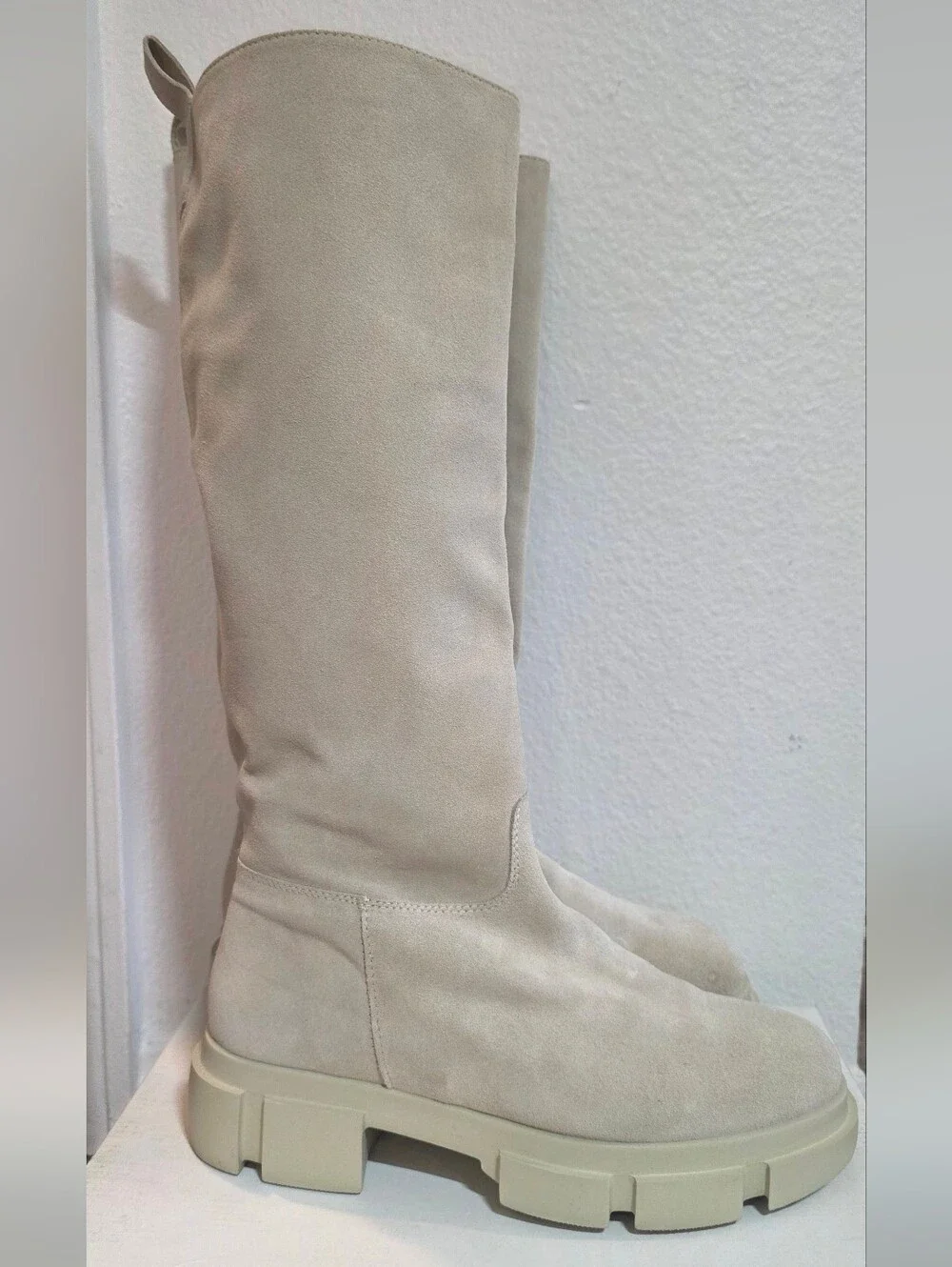 Womens Suede Cream Knee-High Boot